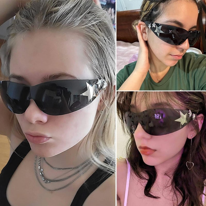 Haqptul Rimless Y2K Sunglasses Star Wrap Around Glasses 2000S Accessories for Women Men Trendy Fashion Cool Shield Shades - Image 4